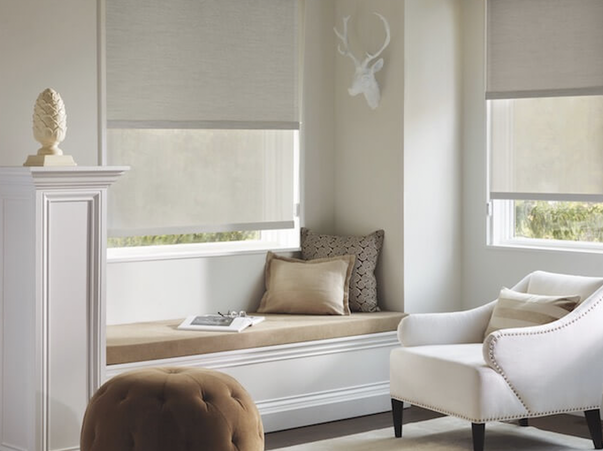 Hunter Douglas Designer Screen Shades above window seat