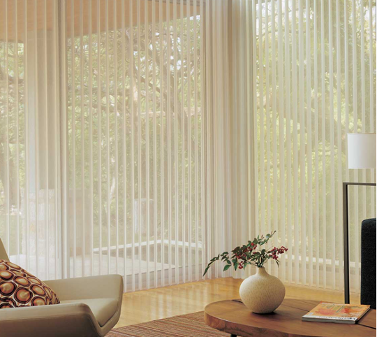 Vertical Luminette Privacy Sheers in living room