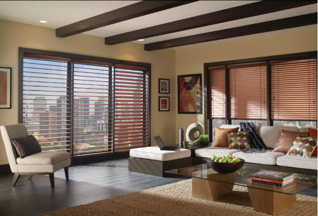 earth tone living room with brown aluminum blinds