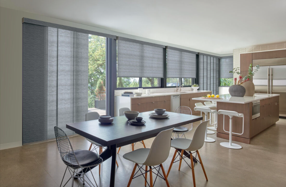 drawn blinds to protect against sun damage in kitchen