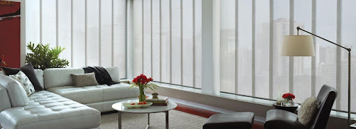 Modern living room with Hunter Douglas SKYLINE window panels.
