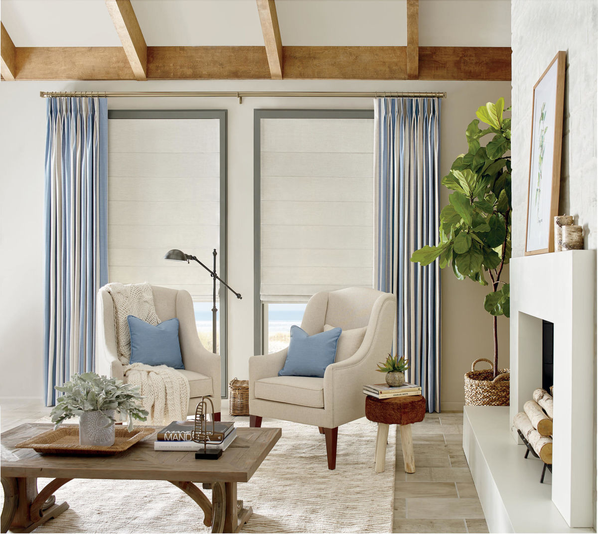 Alustra roman shades layered with drapery